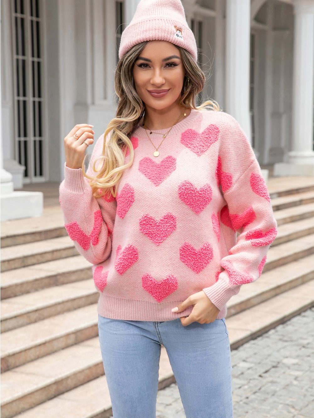 Chelsea & Theodore Pink Heart-Print Crewneck Sweater